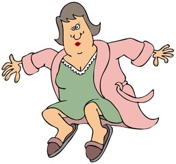 Woman in an open robe jumping