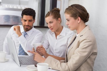 Obraz premium Business people using laptop together at office desk