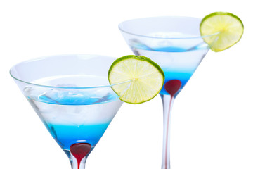 Blue Martini curacao drinks over white background