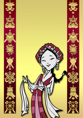 funny Tibetan girl/illustration with auspicious symbols
