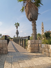 Bridge of desires and view of Catholic church. Yaffo, Israel