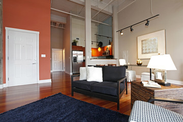 Reconstructed modern living and kitchen room. Panoramic view