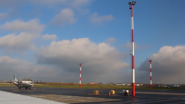 View of airport infrastructure from aircraft on the ground