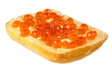 Naklejka na ściany i meble Sandwich with red caviar on white background