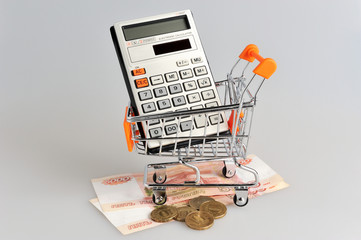Calculator in shopping cart situated on banknotes on gray