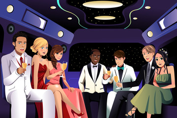 Teenagers going to a prom party in a limousine © artisticco