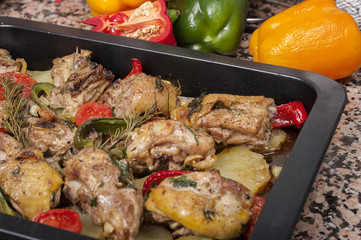 chicken and potatoes roasted with herbs