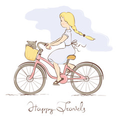 Naklejka na ściany i meble Girl on a bicycle in a retro style