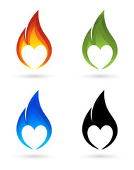 Icons of fire with heart silhouette