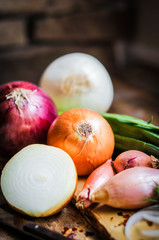 colorful onions on rustic wooden background