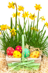 Ostergüße, Ostern, Korb mit Ostereiern, Osterglocken