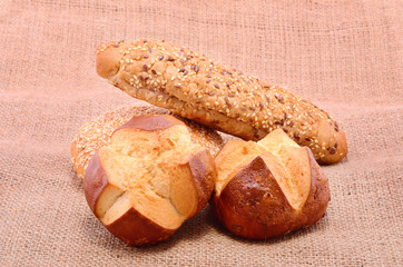 Bakery products on sackcloth background