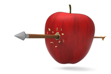 3D model of red apple was hit and perforated by arrow