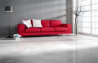 Rotes Sofa in Loftambiente