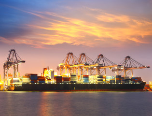 Container Cargo freight ship with working crane bridge in shipya
