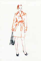 woman in coat.  Hand painted fashion illustration