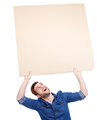 man holding blank poster sign up