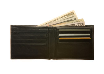 Black leather wallet with Dollar notes