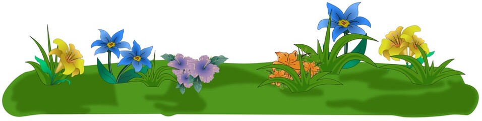 Colored cartoon flowers on small green grass isle