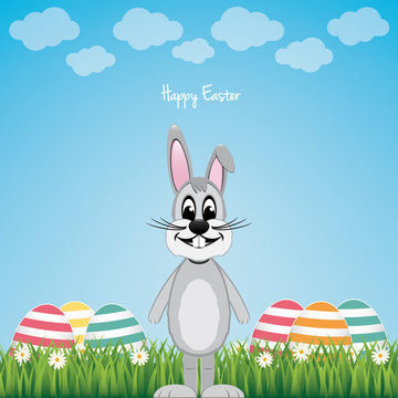 happy gray bunny colorful eggs daisy meadow