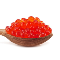 wooden spoon full of red caviar