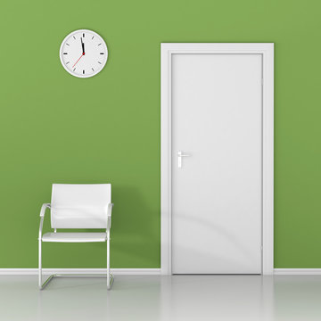 A wall clock and white chair in the waiting room. Wait here!
