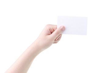 woman hand holding blank card isolated on white background