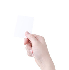 Fototapeta premium woman hand holding blank card isolated on white background