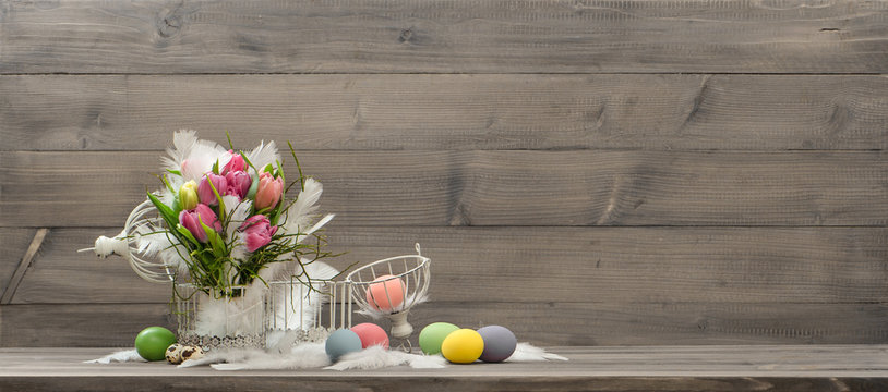 Easter Decoration With Pink Tulip Flowers And Eggs