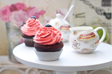 Chocolate and vanilla cupcakes with pink frosting