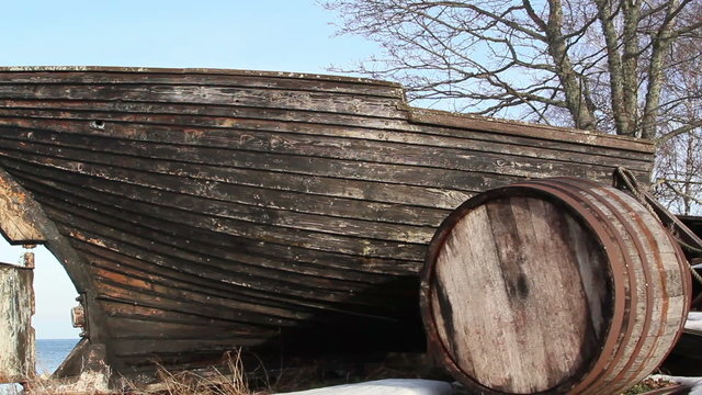 An old wrecked wooden boat