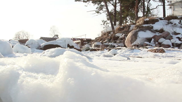 The rocks covered with snow