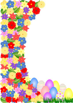 Karte mit seitlicher bunter Blumenborte und Ostereiern