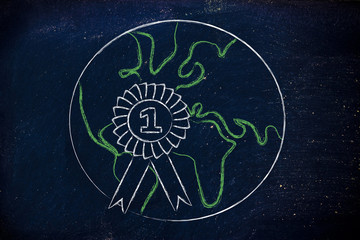 number one, design of the world with winner ribbon