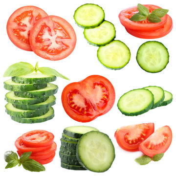 Collage of vegetable slices isolated on white