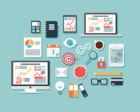 Collection of flat design icons, computer and mobile devices