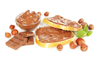Bread with sweet chocolate hazelnut spread isolated on white