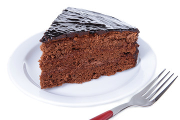 Delicious chocolate cake isolated on white