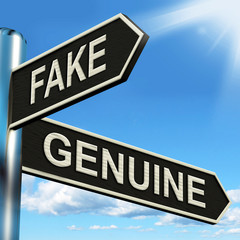 Fake Genuine Signpost Shows Imitation Or Authentic Product - obrazy, fototapety, plakaty