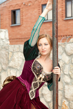 girl in medieval dress posing on background the interior