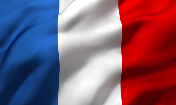 Flag of France blowing in the wind. Full page French flying flag. 3D illustration.