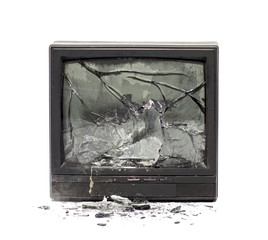 Television exploding isolated on white background