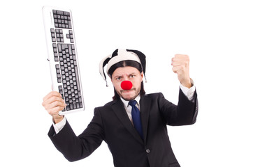 Funny clown with keyboard isolated on white