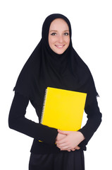 Young muslim student with books on white