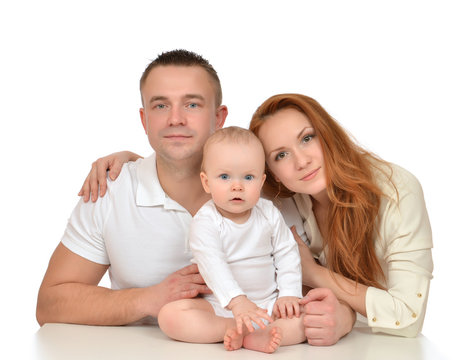 Young family with newborn child baby girl toddler isolated