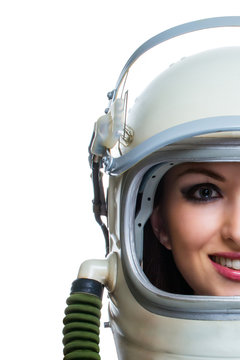 Young woman with makeup wearing space helmet isolated on white