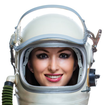 Young smiling woman wearing space helmet isolated on white
