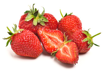 Ripe strawberries with leaves