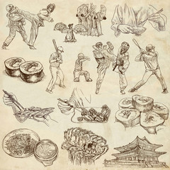KOREA_2. Full sized hand drawn illustrations on old paper
