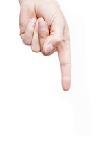 Man hand pointing down on white background